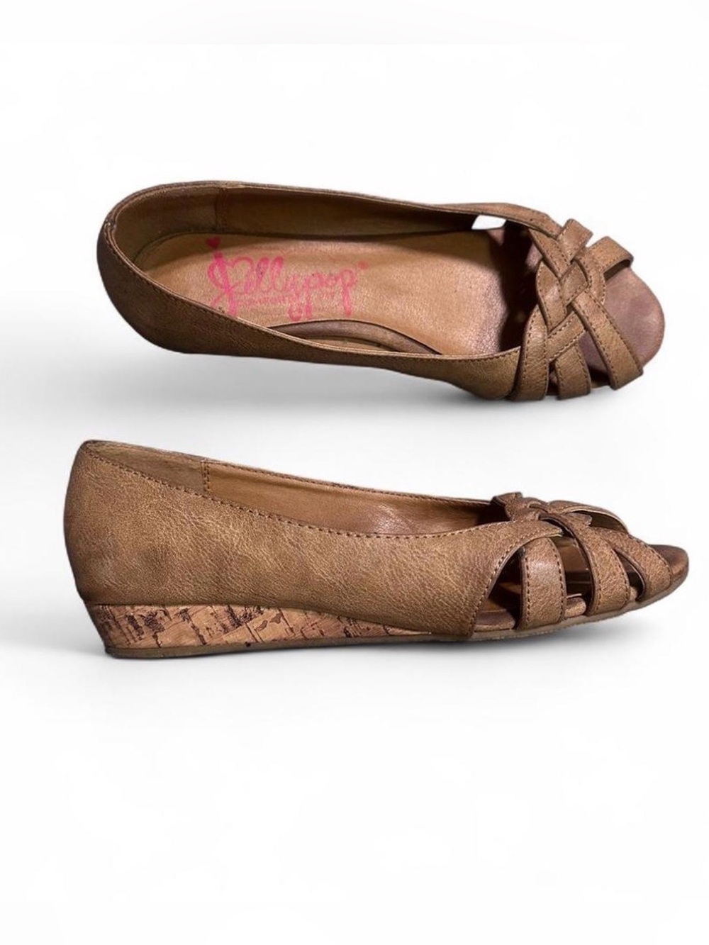 Y2K Coquette Preppy Tan Brown Peep-Toe Cork Wedge Flats